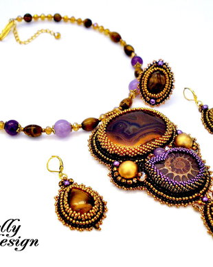 "Ammonite & Tiger eye" - Set colier, cercei, inel