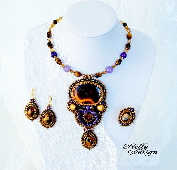 "Ammonite & Tiger eye" - Set colier, cercei, inel