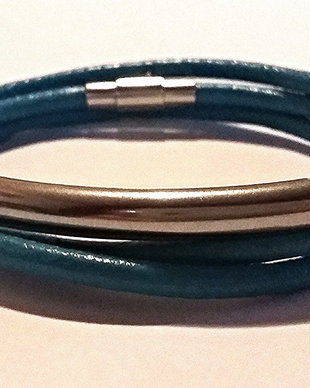 Bratara snur piele si link inox turcoaz