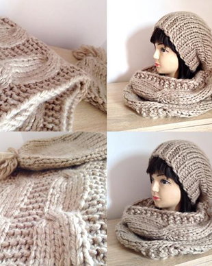 Fular si caciula Set accesorii iarna merino lana gros calduros bej  beanie slouchy