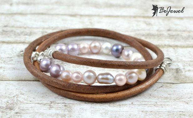Bratara cu piele si perle de cultura ''Fancy leather''