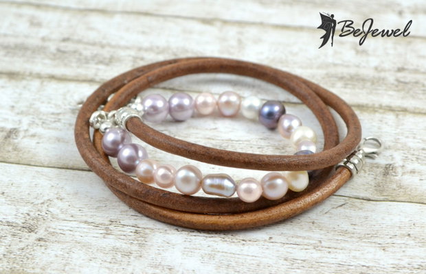 Bratara cu piele si perle de cultura ''Fancy leather''