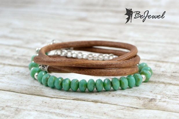 Bratara cu piele si cristale Cehia ''Boho-chic''