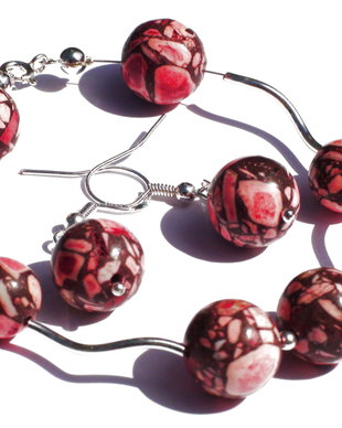 Bratara si cercei din Argint 925 si Magnezit roz-gri - BR087, CE087 - Bratara casual delicata, romantica
