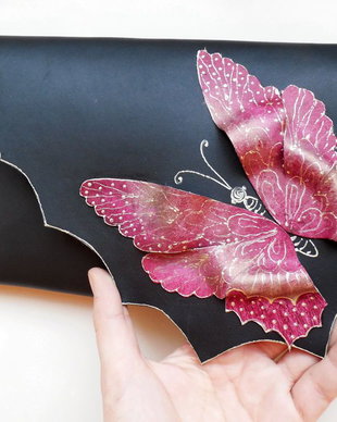 poseta plic handmade unicat din piele - Bordeaux Butterfly