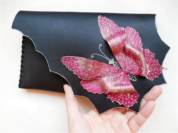poseta plic handmade unicat din piele - Bordeaux Butterfly
