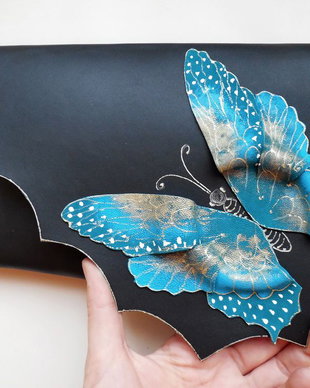 poseta plic handmade unicat din piele - Turquoise Butterfly