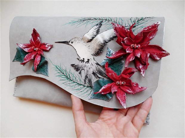 poseta plic handmade unicat din piele - Hummingbird and Poinsettia