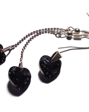Cercei lungi si pandantiv din Cristale Swarovski inima  PA121.1, CE121.1 - cercei negri stralucitori, cercei delicati din argint, cadou pentru ea, cercei cu lantic, cadou romantic