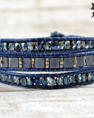 Bratara wrap cu snur de piele si cristale ''Blue Symphony''