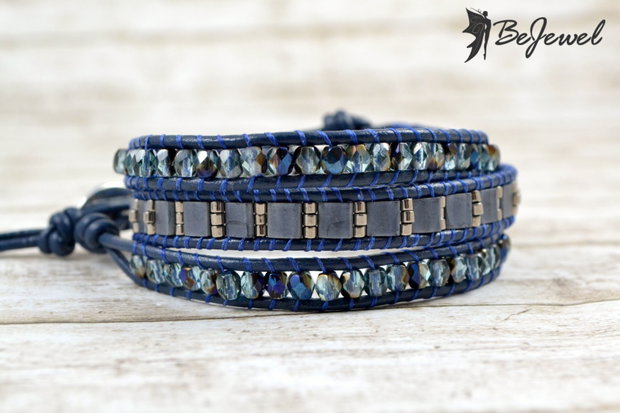 Bratara wrap cu snur de piele si cristale ''Blue Symphony''