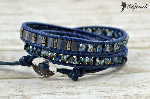 Bratara wrap cu snur de piele si cristale ''Blue Symphony''