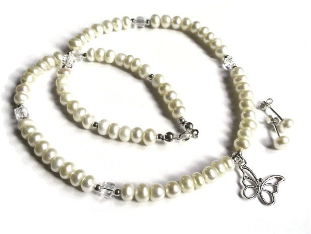 Colier si cercei din Argint 925, Perle de cultura albe si Cristale - CO344, CE344 - cadou pentru ea, cadou romantic, colier perle albe, colier delicat, colier mireasa, cercei mireasa, bijuterii mireasa