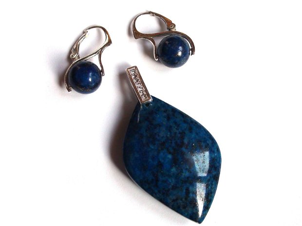 Pandantiv si cercei din Argint 925 si Lapis lazuli  PA345, CE345 - Cadou romantic, cercei delicati, pandantiv pietre semipretioase, colier albastru denim, cadou pentru ea
