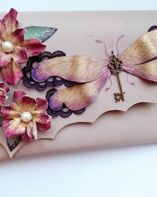 Poseta plic handmade unicat din piele naturala -Magenta Plum Dragonfly