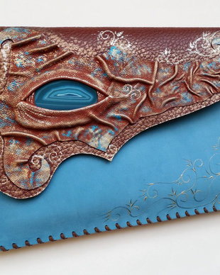 Poseta plic handmade unicat din piele naturala -Turquoise Blue Dragon Eye