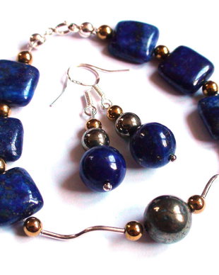 Bratara delicata si cercei din Argint 925, Lapis lazuli, Pirita, Hematit auriu  BR162, CE162 - Bratara casual, bratara albastra aurie, cadou pentru ea, cadou romantic