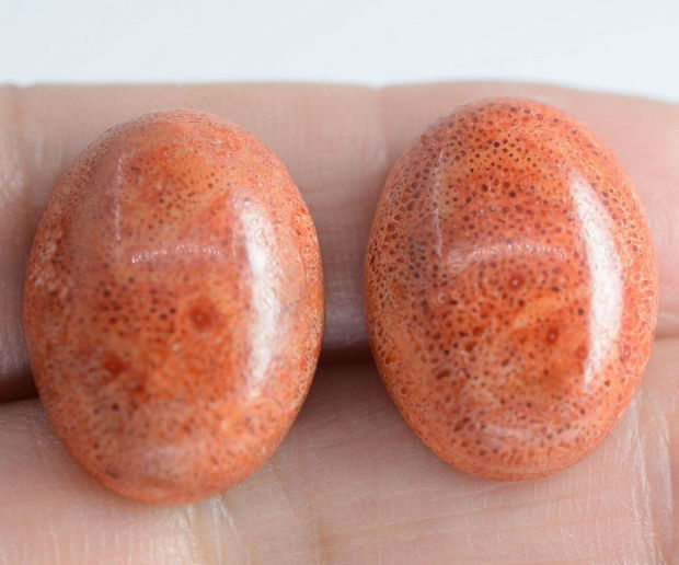 9270 - (2buc) Cabochon, coral poros, rosu caramiziu, 20x15x7mm