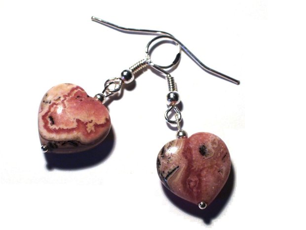 Cercei inima roz din Argint 925 si Rodocrozit  CE218 - cadou romantic, cadou pentru ea, cercei pietre semipretioase, cercei inimioare, cercei romantici