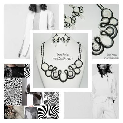 Colier alb cu negru Notre Dame  Colier  cu perle de cultură, colier handmade soutache