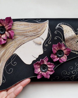 poseta plic handmade unicat din piele - Magenta Poppies