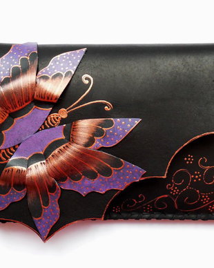 poseta plic handmade unicat din piele - Mauve Butterfly