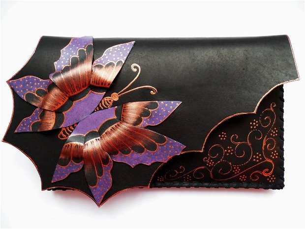 poseta plic handmade unicat din piele - Mauve Butterfly