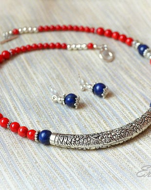 Set - coral rosu cu lapis lazuli
