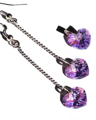 Pandantiv si cercei din Cristale Swarovski inima  PA121.7, CE121.7 - cercei violet stralucitori, cercei lungi din argint, cadou pentru ea, cercei cu lantic, cadou romantic, cercei mov