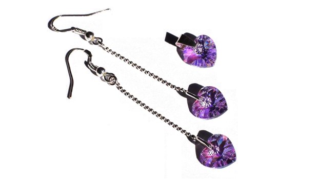 Pandantiv si cercei din Cristale Swarovski inima  PA121.7, CE121.7 - cercei violet stralucitori, cercei lungi din argint, cadou pentru ea, cercei cu lantic, cadou romantic, cercei mov