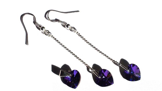 Cercei lungi si pandantiv din Cristale Swarovski inima – PA121.5, CE121.5 - cercei mov stralucitori, cercei din argint, cadou pentru ea, cercei cu lantic, cadou romantic, cercei albastri, cercei violet