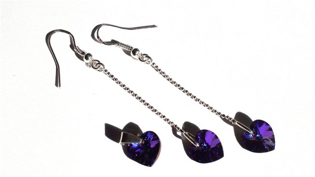 Cercei lungi si pandantiv din Cristale Swarovski inima – PA121.5, CE121.5 - cercei mov stralucitori, cercei din argint, cadou pentru ea, cercei cu lantic, cadou romantic, cercei albastri, cercei violet