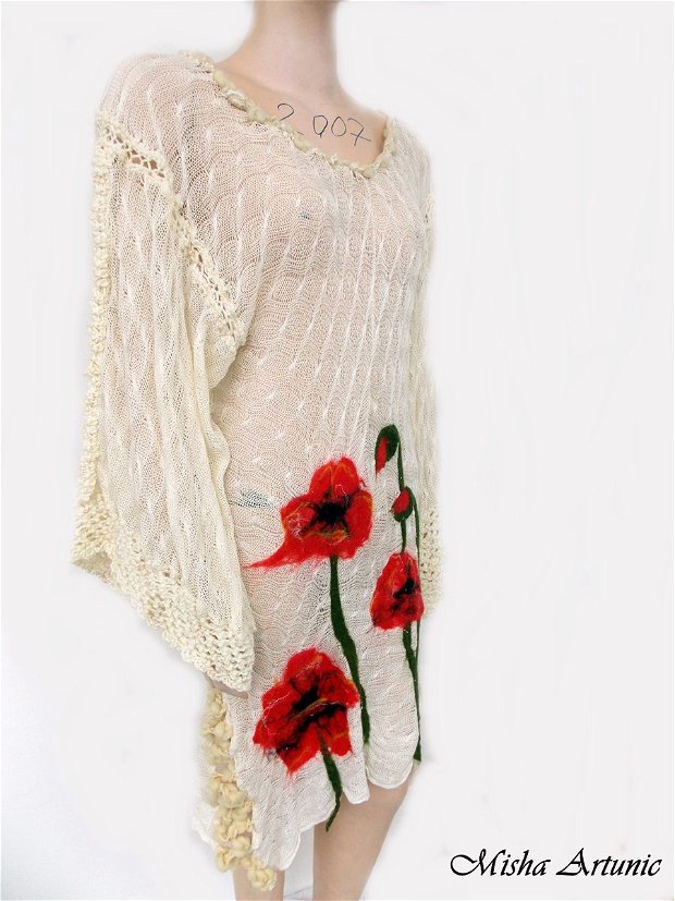 Rochie mini din tricot cu maci rosii impasliti
