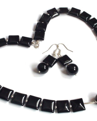 Colier si cercei din Argint 925, Onix negru - CO067.1, CE067.1 - cadou pentru sotie, cadou elegant, colier pietre semipretioase, colier negru, colier geometric
