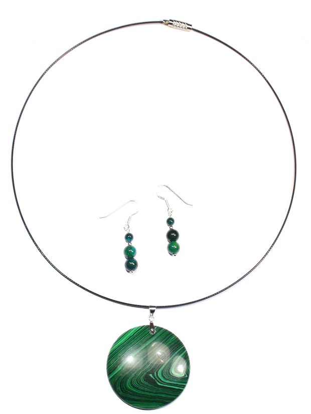 Pandantiv rotund si cercei verzi din Argint 925 si Malachit - PA031, CE031- colier pietre semipretioase, cadou pentru sotie, colier verde, cercei verzi, cadou romantic