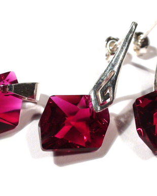 Cercei rosii din Cristale Swarovski cosmic diamond si pandantiv asortat  PA119.1, CE119.1 - Cercei casual delicati, cercei geometrici eleganti, cercei rosii romantici, colier rosu geometric, cadou Valentine's day pentru ea