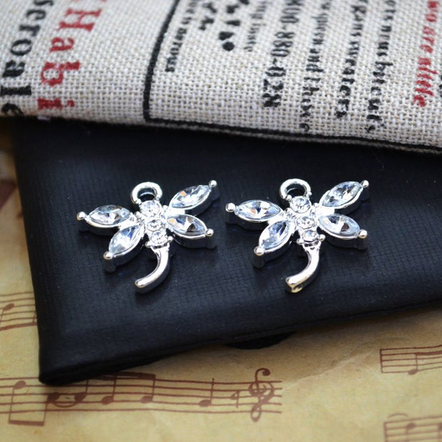 Charm libelula placat argint cu rhinestone alb 20x20mm   SPLAK 116