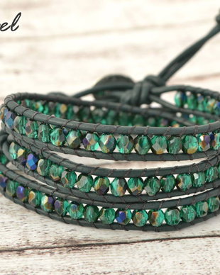 Rezervata -Bratara wrap cu snur de piele si cristale ''Deep Forest Green''