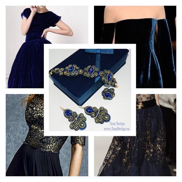 Set bijuterii albastru cu auriu, Set cercei, inel şi brăţară, bijuterii elegante, bijuterii haute couture, bijuterii unicat