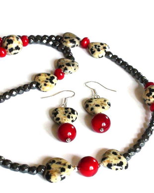 Colier si cercei din Argint 925, Jasp dalmatian, Coral rosu si Hematit gri metalic - CO170, CE170 - cadou romantic, cercei cu inimioare, colier cu inimioare, cadou Valentine's day Dragobete