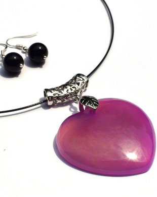Pandantiv si cercei din Agata mov inima si Onix negru  PA109, CE109 - colier pietre semipretioase, cadou romantic, cadou pentru ea