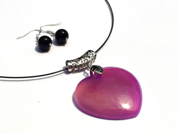 Pandantiv si cercei din Agata mov inima si Onix negru  PA109, CE109 - colier pietre semipretioase, cadou romantic, cadou pentru ea