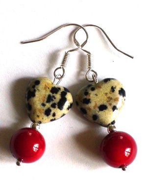 Cercei rosii inima din Argint 925, Jasp dalmatian si Coral - CE170 - cadou romantic, cercei cu inimioare, cadou Valentine's day Dragobete