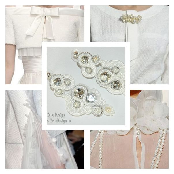 Cercei albi cu cristale şi perle de cultură, cercei statement, cercei haute couture, cercei unicat