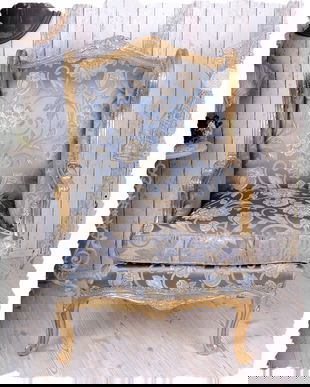 FOTOLIU BAROC DIN LEMN MASIV AURIU CU TAPITERIE ALBASTRA CU FLORI