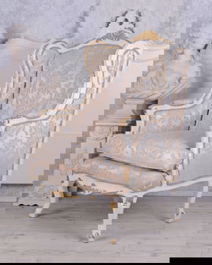 FOTOLIU BAROC DIN LEMN MASIV ALB CU AURIU CU TAPITERIE GRI CU FLORI BEJ