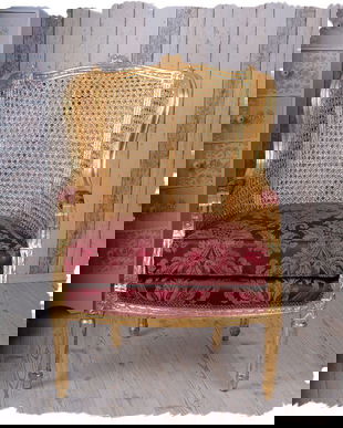 Fotoliu din lemn masiv auriu cu tapiterie rosie