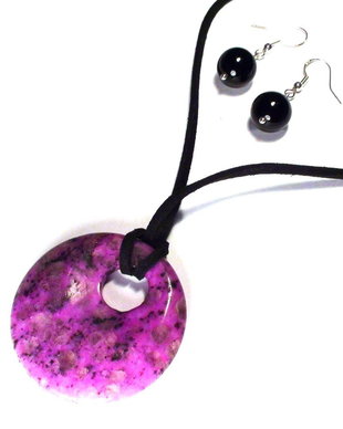 Pandantiv si cercei din Argint 925, Sediment fuchsia si Onix negru - PA020.1, CE020.1 - colier pietre semipretioase, cadou pentru ea, cadou romantic, cadou 8 martie, martisor
