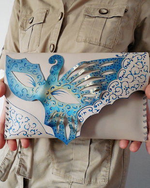 poseta plic handmade unicat din piele - Fairy Blue Mask