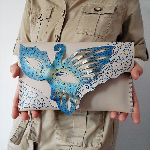 poseta plic handmade unicat din piele - Fairy Blue Mask